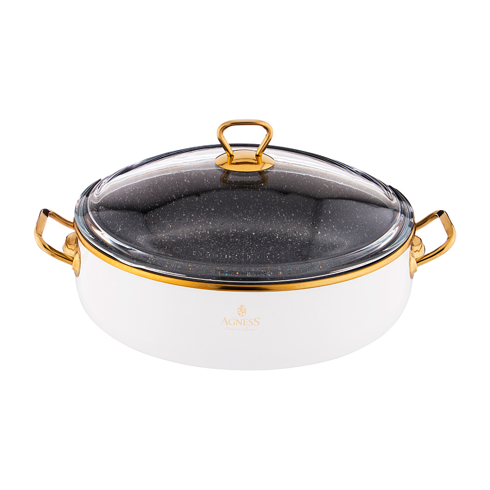 950-204 СОТЕЙНИК AGNESS ЭМАЛИРОВАННЫЙ СО СТЕКЛ. КРЫШКОЙ И АНТИПРИГАР. "МРАМОРНЫМ" ПОКРЫТИЕМ, 26СМ / 3,5Л 