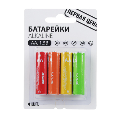 БАТАРЕЙКИ "ALKALINE" ЩЕЛОЧНЫЕ, 4 ШТ, ТИП AA (LR6), БЛИСТЕР, ПЕРВАЯ ЦЕНА