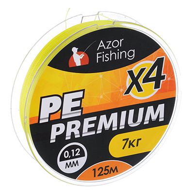 144-078 AZOR FISHING ЛЕСКА ПЛЕТЕНАЯ, PE ПРЕМИУМ 4 НИТИ, 125М, ЖЕЛТАЯ, 0, 12ММ, НАГРУЗКА 7КГ