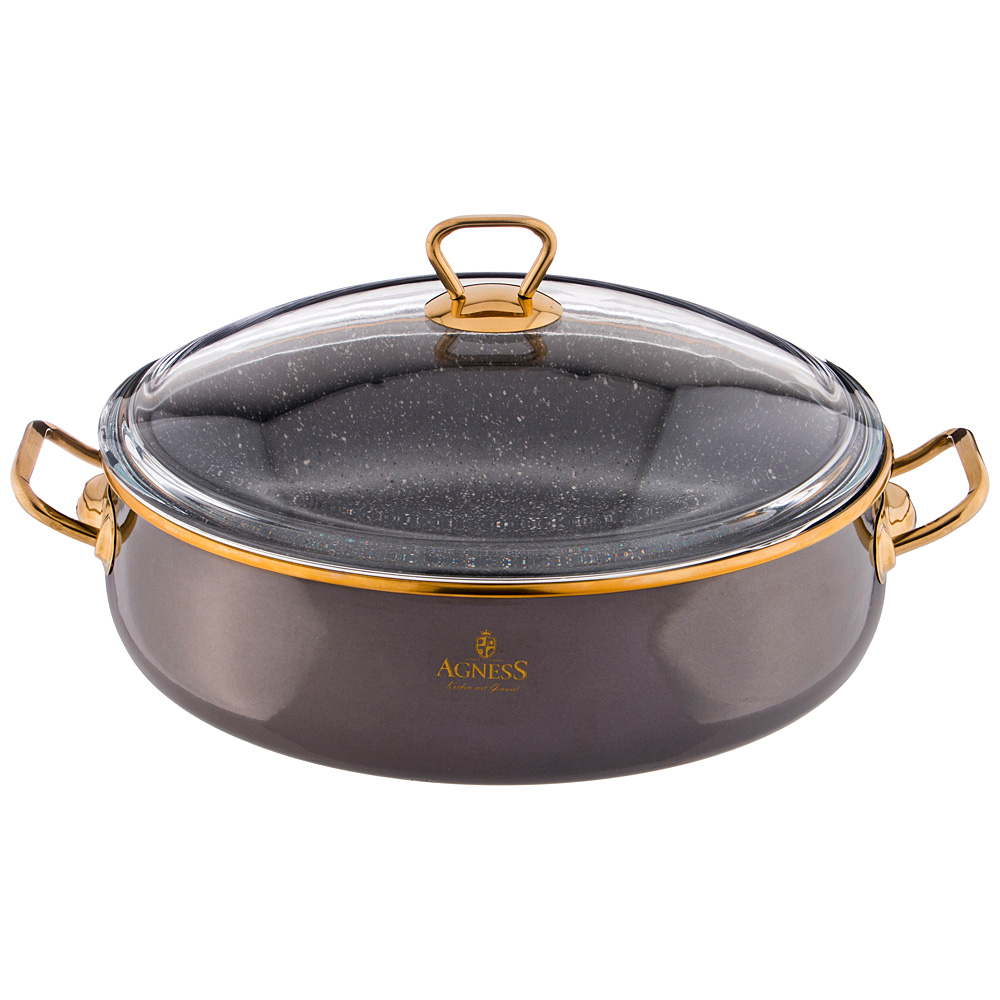 950-225 СОТЕЙНИК AGNESS ЭМАЛИРОВАННЫЙ СО СТЕКЛ. КРЫШКОЙ И АНТИПРИГАР. "МРАМОРНЫМ" ПОКРЫТИЕМ, 28СМ / 4,5Л