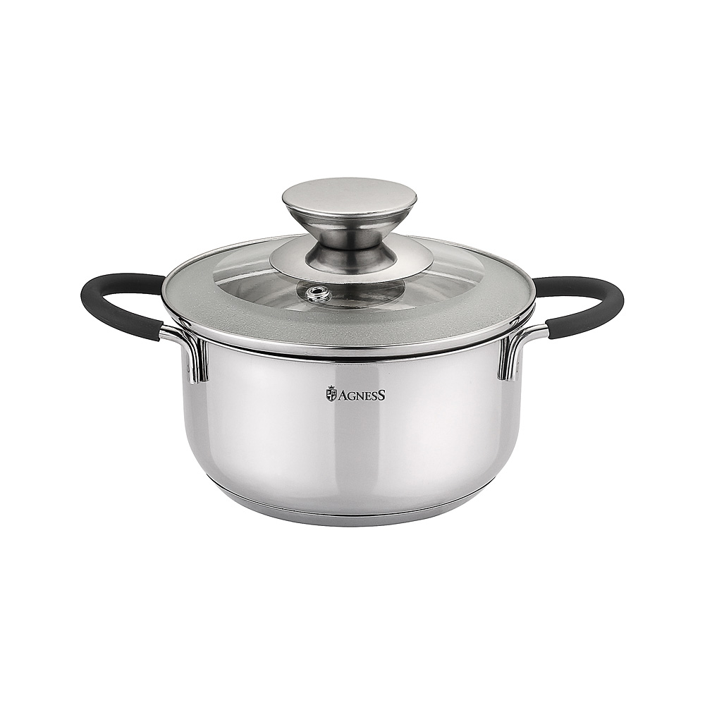937-165 КАСТРЮЛЯ AGNESS СО СТЕКЛЯННОЙ КРЫШКОЙ И СИЛИКОН.ВСТАВКАМИ НА РУЧКАХ, ИНДУКЦИЯ, 0,6Л, 12Х6,5СМ